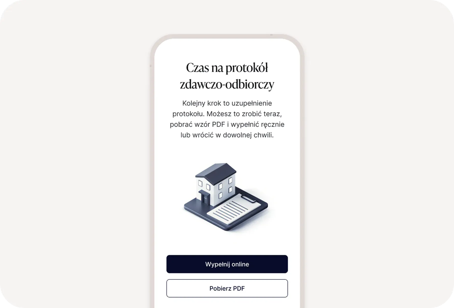 Krok uzupełnienia protokołu zdawczo-odbiorczego w aplikacji najmu z dwoma opcjami: wypełnij online lub pobierz PDF